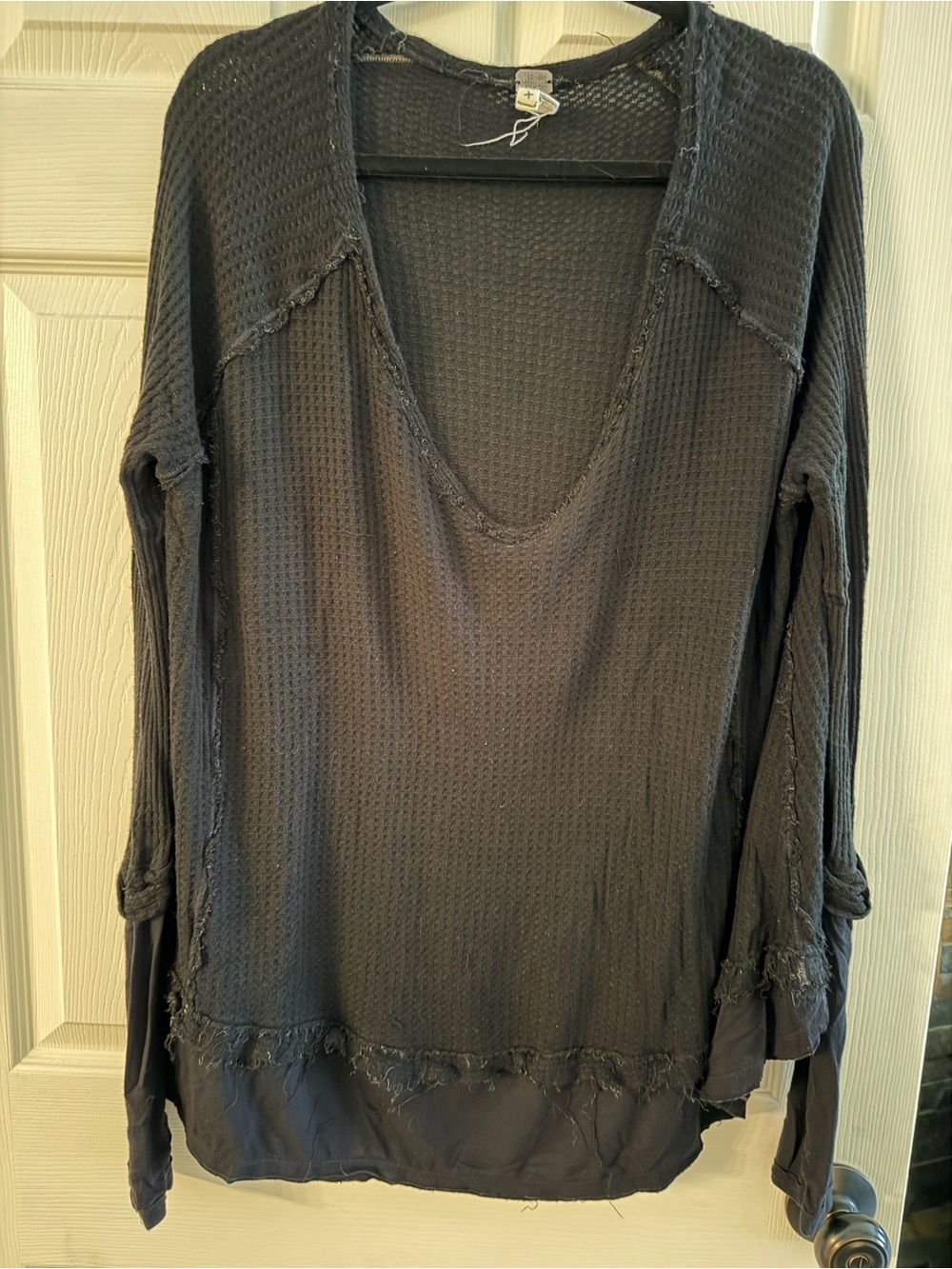 Free People Catalina thermal V-Neck Waffle Knit Long Sleeve Top - Black